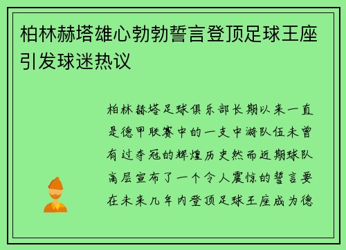 柏林赫塔雄心勃勃誓言登顶足球王座引发球迷热议