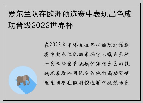 爱尔兰队在欧洲预选赛中表现出色成功晋级2022世界杯