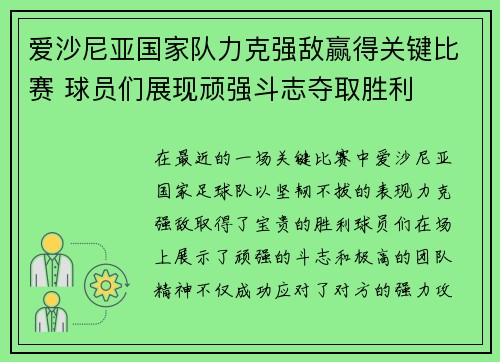 爱沙尼亚国家队力克强敌赢得关键比赛 球员们展现顽强斗志夺取胜利